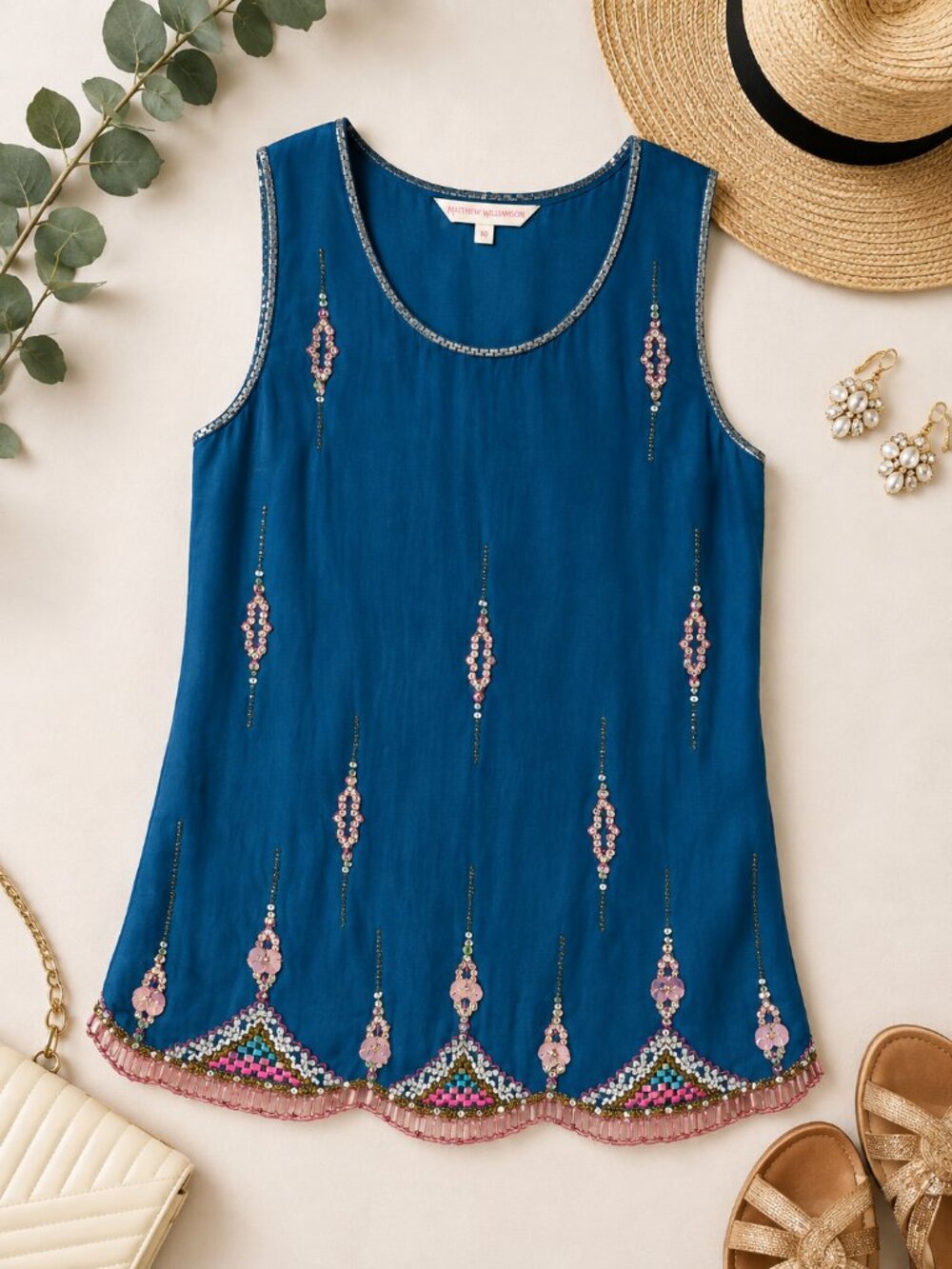 Matthew Williamson 100% Silk Embellished Teal Sleeveless Tank Top Size 10 NWT